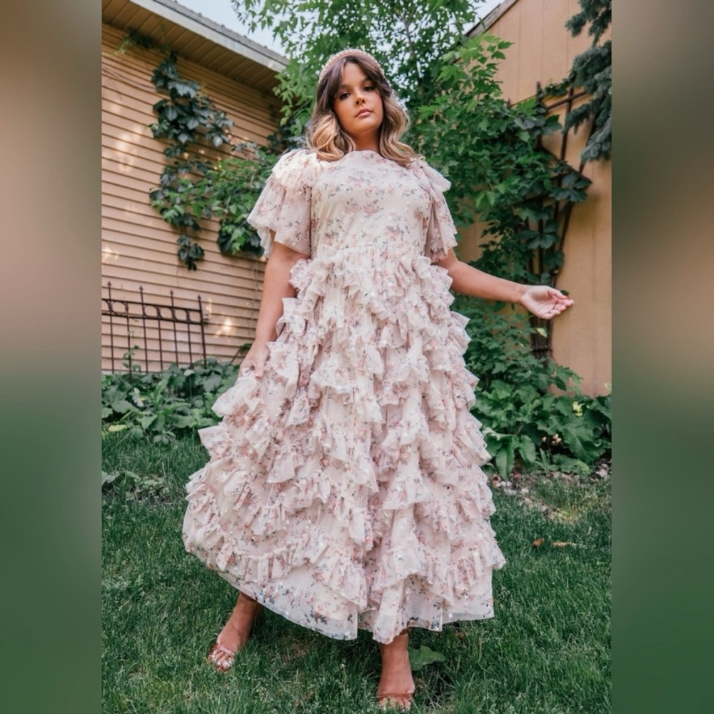 JessaKae Blush Floral Ruffle Maxi Dress